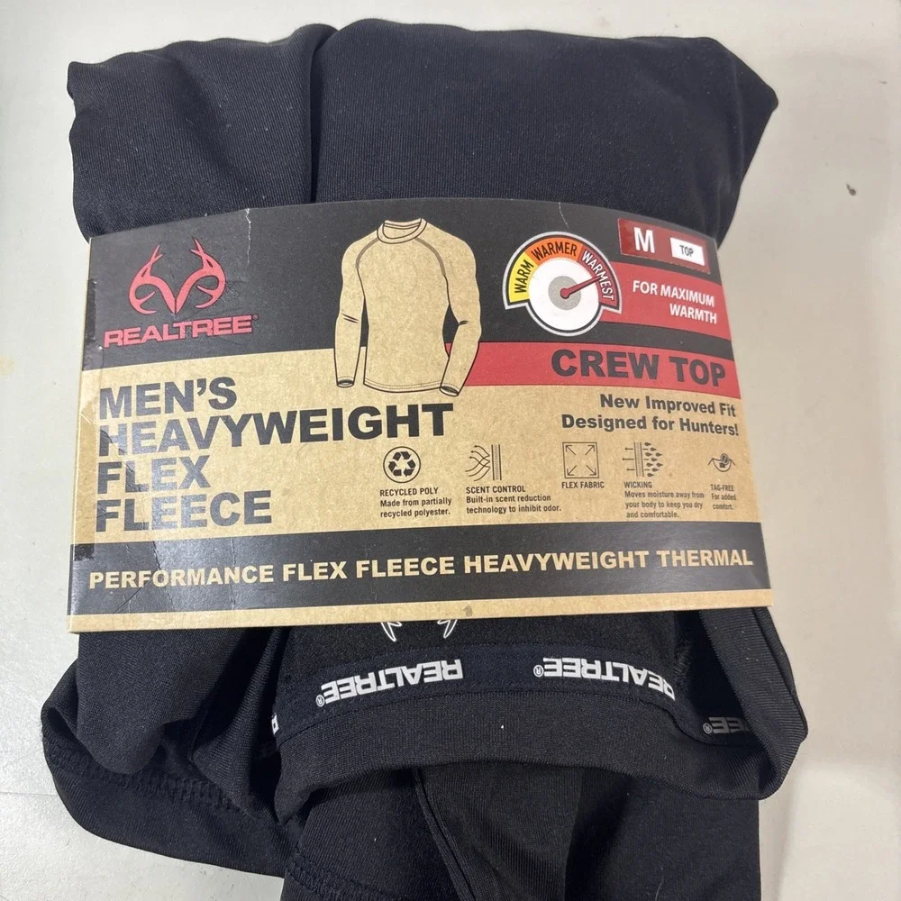 Realtree Thermal Set Mens M Black Heavyweight Flex Fleece Base Layer 2pc T/B Set